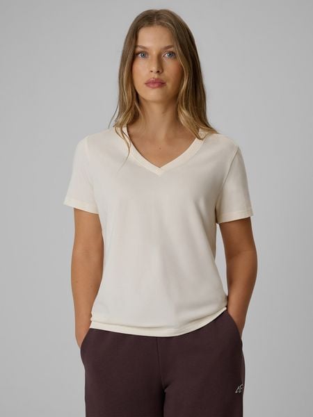 4F T-shirt regular gładki damski - kremowy S. Białe t-shirty damskie 4F, s, bez wzorów, z bawełny, bez kołnierzyka. Za 59.99 zł.
