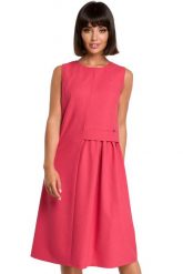 Lniana sukienka trapezowa na lato bez rękawów z marszczeniem różowa. Czerwone sukienki damskie Bewear, bez wzorów, biznesowe, bez ramiączek. Za 249.00 zł.