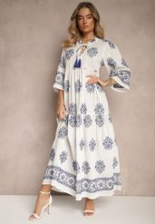 Biała Boho Sukienka z Wiskozą Zdobiona Haftem i Wiązaniem z Frędzlami Alinoria. Białe sukienki damskie Renee, z aplikacjami, z wiskozy, boho, bez ramiączek. W wyprzedaży za 159.99 zł.