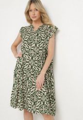 Zielona Bawełniana Sukienka o Rozkloszowanym Kroju w Ornamentalny Wzór Zalimea. Zielone sukienki damskie Born2be, bez wzorów, z bawełny, eleganckie, bez ramiączek. Za 69.99 zł.
