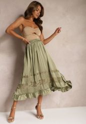 Zielona Asymetryczna Spódnica Plisowana High Waist z Gumką w Talii i Koronkowymi Wstawkami Reslifa. Zielone spódnice damskie Renee, na lato, m, bez wzorów, z koronki, midi. Za 129.99 zł.