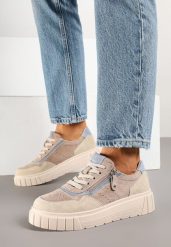 Ciemnobeżowe Sneakersy ze Skóry Naturalnej z Ozdobnym Suwakiem Tilliraya. Brązowe obuwie sportowe damskie Renee, ze skóry, bez zapięcia. Za 169.99 zł.