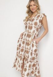 Biało-Beżowa Kwiatowa Sukienka z Bawełną i Falbanką Efanelia. Brązowe sukienki damskie Born2be, bez wzorów, z bawełny, eleganckie, bez ramiączek. Za 119.99 zł.