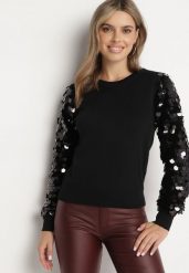 Czarny Sweter z Wiskozą o Klasycznym Kroju z Cekinowymi Rękawami Evandreth. Czarne swetry klasyczne damskie Born2be, z jeansu, bez kołnierzyka. Za 119.99 zł.