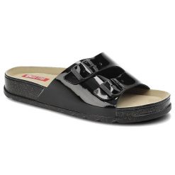 Klapki damskie Big Star, materiał syntetyczny lakierowany z dwoma szerokimi paskami regulowanymi klamrami, czarne, JJ276040. Czarne klapki damskie Big Star, bez wzorów, z lakierowanej skóry, bez obcasa, bez zapięcia. Za 109.00 zł.