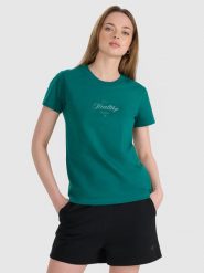 4F T-shirt regular z nadrukiem damski - turkusowy XS. Niebieskie koszulki sportowe damskie 4F, uniwersalny, bez wzorów, z bawełny, bez ramiączek. W wyprzedaży za 39.99 zł.