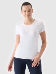 4F T-shirt slim z nadrukiem damski - biały L. Białe t-shirty damskie 4F, l, bez wzorów, z bawełny, bez kołnierzyka. W wyprzedaży za 39.99 zł.
