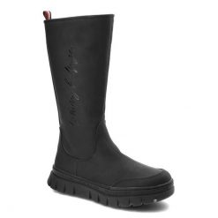 Czarne Kozaki Tommy Hilfiger Modne Buty Damskie. Czarne kozaki damskie Tommy Hilfiger, z materiału, bez obcasa, na platformie, bez zapięcia. Za 609.00 zł.