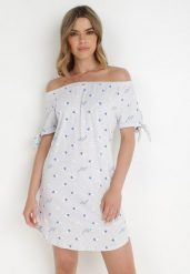 Jasnoszara Sukienka Hermusa. Szare sukienki damskie Born2be, z aplikacjami, z bawełny, bez ramiączek. Za 79.99 zł.