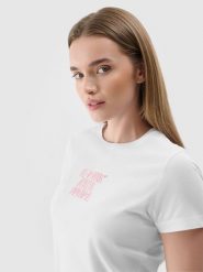 4F T-shirt slim z nadrukiem damski - biały XS. Białe t-shirty damskie 4F, xs, bez wzorów, z dzianiny, bez kołnierzyka. Za 29.99 zł.