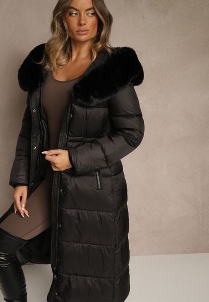 Czarna Puchowa Kurtka Pikowana o Długim Kroju z Kapturem z Futerkiem Bavea. Czarne kurtki damskie Renee, l, bez wzorów, z dzianiny, z kapturem. Za 339.99 zł.