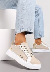 Beżowe Sneakersy z Metalicznymi Wstawkami na Grubej Podeszwie Amoone. Brązowe obuwie sportowe damskie Renee, bez zapięcia, trekkingowe. Za 79.99 zł.