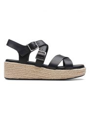 Clarks Skórzane sandały "Kimmei Buckle" w kolorze czarnym na koturnie rozmiar: 40. Czarne sandały damskie Clarks, bez wzorów, z otwartym noskiem, bez obcasa, na koturnie, bez zapięcia. Za 202.03 zł.