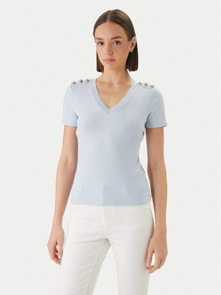 Morgan Bluzka 251-DOMANI Błękitny Slim Fit. Niebieskie bluzki damskie Morgan, xl, bez wzorów, z wiskozy, bez kołnierzyka, bez ramiączek. Za 117.99 zł.