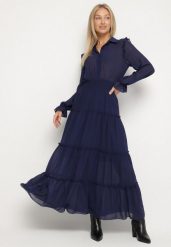 Granatowa Rozkloszowana Sukienka VICES Koszulowa w Stylu Retro Aravite. Niebieskie sukienki damskie Born2be, bez wzorów, eleganckie, bez ramiączek. Za 149.99 zł.