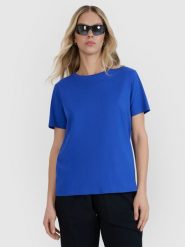 4F T-shirt oversize z nadrukiem damski - niebieski XS. Niebieskie t-shirty damskie 4F, uniwersalny, bez wzorów, z bawełny, bez kołnierzyka. W wyprzedaży za 29.99 zł.