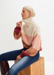 Sweter ze stójką. Brązowe swetry klasyczne damskie bonprix, bez kołnierzyka. Za 144.99 zł.