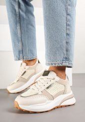 Beżowe Sneakersy na Grubej Podeszwie Zdobione Plecionką Ninidala. Brązowe obuwie sportowe damskie Born2be, z jeansu, bez zapięcia. Za 109.99 zł.