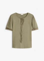 Tunika T-shirtowa z koronkową tasiemką. Niebieskie tuniki damskie bonprix, bez wzorów, z koronki, eleganckie, bez kołnierzyka, bez ramiączek. Za 47.99 zł.