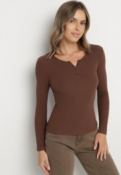 Brązowa Prążkowana Bluzka z Bawełny z Długim Rękawem i Guziczkami Amendria. Brązowe bluzki damskie Born2be, l, bez wzorów, z bawełny, bez kołnierzyka, bez ramiączek. Za 59.99 zł.