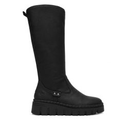 Kozaki Rieker. Czarne kozaki damskie Rieker, bez obcasa, na koturnie, bez zapięcia. Za 429.99 zł.