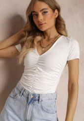 Biały Marszczony T-shirt z Trójkątnym Dekoltem Kedne. Białe t-shirty damskie Renee, l, z aplikacjami, bez kołnierzyka. Za 69.99 zł.