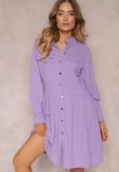 Fioletowa Sukienka Mini z Kołnierzem i Ozdobnymi Klapami Zylana. Fioletowe sukienki damskie Renee, bez wzorów, eleganckie, bez ramiączek. W wyprzedaży za 83.99 zł.