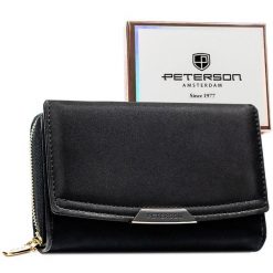 Portfel damski ze skóry ekologicznej w czarnym kolorze wyposażony w system RFID - Peterson. Czarne portfele damskie Peterson, bez wzorów, ze skóry ekologicznej. Za 94.99 zł.