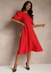 Czerwona Rozkloszowana Sukienka Ozdobiona Bufiastymi Rękawami Melianis. Czerwone sukienki damskie Renee, bez wzorów, klasyczne, bez ramiączek. Za 109.99 zł.