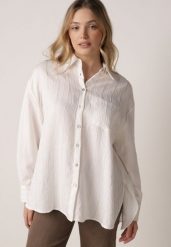 Biała Wiskozowa Koszula z Dodatkiem Lnu z Tkaniny Strukturalnej Noma. Białe koszule damskie Born2be, uniwersalny, bez wzorów, z jeansu, casualowe, bez kołnierzyka, bez ramiączek. Za 84.99 zł.