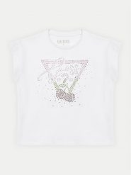 Guess T-Shirt J5GI01 K6YW4 Biały Regular Fit. Białe koszulki i t-shirty dziewczęce Guess, z aplikacjami, z bawełny, bez kołnierzyka, bez ramiączek. Za 59.99 zł.