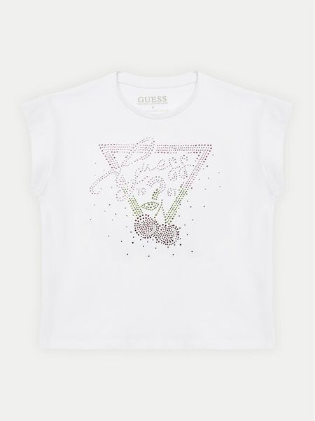 Guess T-Shirt J5GI01 K6YW4 Biały Regular Fit. Białe koszulki i t-shirty dziewczęce Guess, z aplikacjami, z bawełny, bez kołnierzyka, bez ramiączek. Za 59.99 zł.