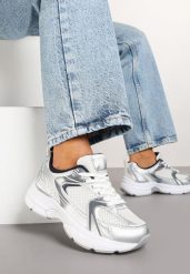 Biało-Srebrne Sneakersy na Grubej Podeszwie z Cholewką z Siateczką Zollexia. Białe obuwie sportowe casual damskie Renee, z jeansu. Za 89.99 zł.