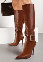 Brązowe Kozaki na Szpilce Ozdobione Klamrą Innadora. Brązowe kozaki damskie Born2be, z jeansu, bez obcasa, na obcasie, bez zapięcia. Za 179.99 zł.