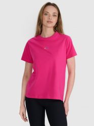 4F T-shirt oversize z nadrukiem damski - różowy M. Czerwone t-shirty damskie 4F, l, bez wzorów, z bawełny, bez kołnierzyka. W wyprzedaży za 49.99 zł.