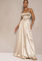 Beżowa Sukienka na Ramiączkach o Rozkloszowanym Kroju z Wiązaniem na Plecach Katirione. Brązowe sukienki damskie Renee, bez wzorów, z poliesteru, eleganckie, bez ramiączek. W wyprzedaży za 195.99 zł.
