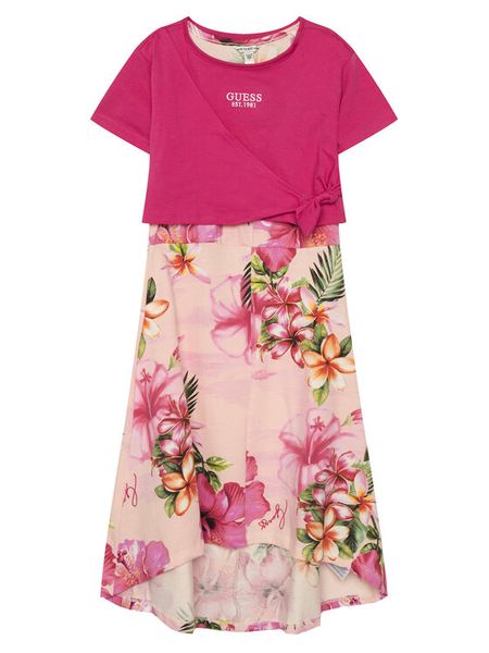 Guess Sukienka codzienna J6GK15 K6YW4 Różowy ciemny Regular Fit. Czerwone sukienki dziewczęce Guess, z aplikacjami, z bawełny, bez ramiączek, proste. Za 130.99 zł.