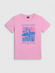 4F T-shirt regular z nadrukiem damski - różowy S. Czerwone t-shirty damskie 4F, s, bez wzorów, z bawełny, bez kołnierzyka. Za 59.99 zł.