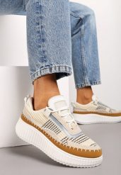 Beżowe Casualowe Sneakersy z Wiązaniem na Wzorzystej Grubej Podeszwie Aniata. Brązowe obuwie sportowe damskie Renee, z materiału, bez zapięcia. Za 69.99 zł.