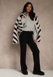 Czarne Szerokie Spodnie z Wełną High Waist z Prążkowanego Materiału Reinna. Czarne spodnie materiałowe damskie Renee, bez wzorów, z jeansu. Za 69.99 zł.