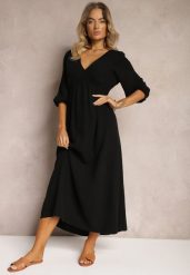 Czarna Sukienka z Bawełny Ozdobiona Wiązaniem i Gumką w Pasie Wlarina. Czarne sukienki damskie Renee, bez wzorów, z bawełny, bez ramiączek. Za 159.99 zł.