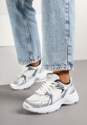 Biało-Srebrne Sneakersy z Siateczką na Piankowej Podeszwie Vallexia. Białe obuwie sportowe damskie Born2be, z jeansu, bez zapięcia. Za 99.99 zł.