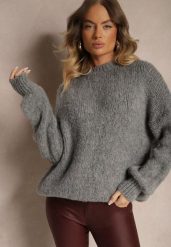Ciemnoszary Klasyczny Sweter z Wełną i Wiskozą o Luźnym Kroju Omethea. Szare swetry klasyczne damskie Renee, z jeansu, bez kołnierzyka. Za 149.99 zł.