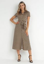 Ciemnobeżowa Sukienka Alethanthei. Brązowe sukienki damskie Born2be, bez wzorów, z materiału, eleganckie, bez ramiączek. Za 229.99 zł.