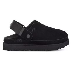 UGG Goldenstar Clog Klapki damskie. Czarne klapki damskie Ugg, bez wzorów, z mikrofibry, bez obcasa, na platformie, bez zapięcia. Za 589.99 zł.