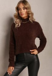 Brązowy Dzianinowy Sweter z Dłuższym Włosiem i Półgolfem Christiam. Brązowe swetry klasyczne damskie Renee, z dzianiny, bez kołnierzyka. Za 49.99 zł.