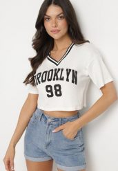Biały Bawełniany T-shirt z Napisem Nitanelia. Białe t-shirty damskie Born2be, m, bez wzorów, z bawełny, bez kołnierzyka. Za 29.99 zł.