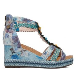 Sandały Laura Vita. Niebieskie sandały damskie LAURA VITA, bez wzorów, bez obcasa, na koturnie, bez zapięcia. Za 449.99 zł.