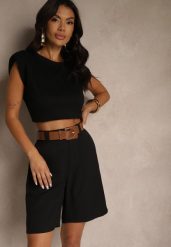 Czarne Szorty z Wiskozą w Eleganckim Stylu z Paskiem z Klamrą Aravene. Czarne szorty damskie Renee, bez wzorów, z materiału, z podwyższonym stanem. Za 94.99 zł.