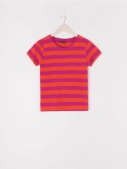 Bawełniana koszulka w paski - różowy. Czerwone koszulki damskie Sinsay, l, bez wzorów, z bawełny, bez kołnierzyka, bez ramiączek. W wyprzedaży za 11.99 zł.